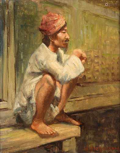 Willem Dooijewaard (1892-1980) 'Seated southeast Asian man', signed l.r., panel. 24 x 19,5 cm.