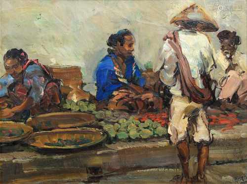 Emil Rizek (1901-1988) 'At the pasar', signed and dated 1929 l.r., canvas on panel. 30 x 41 cm.