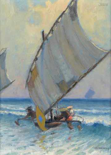 Hal Wichers (1893-1968) 'Boats in the surf', signed l.r., board. 40 x 30 cm.