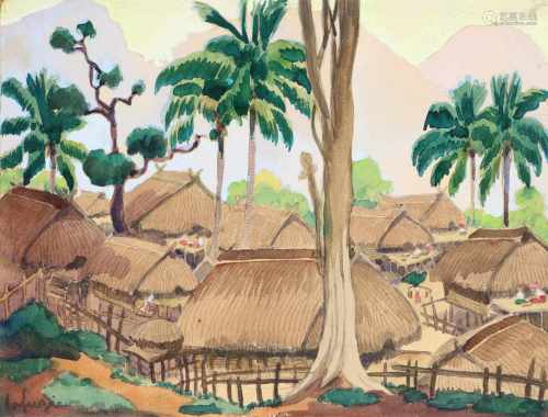 Léa Lafugie (1890-1972) 'Village under the coconut trees', signed l.l., gouache on paper. 24 x 32