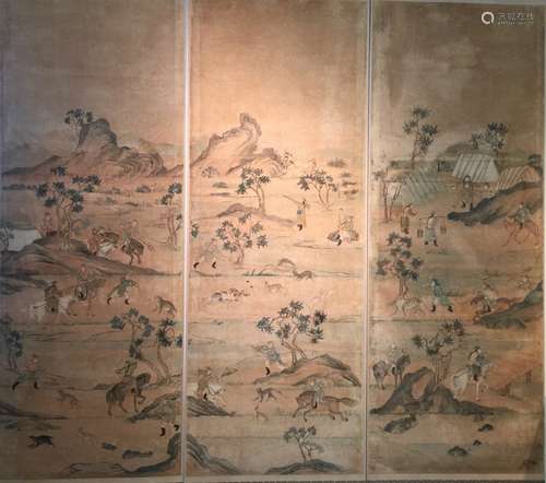 Set of three Chinese water color painting scrolls of hunting scene on
paper, 18th Century.