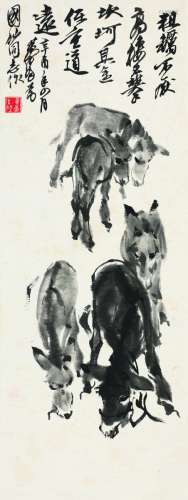 黄胄（1925～1997） 群驴图 立轴 水墨纸本