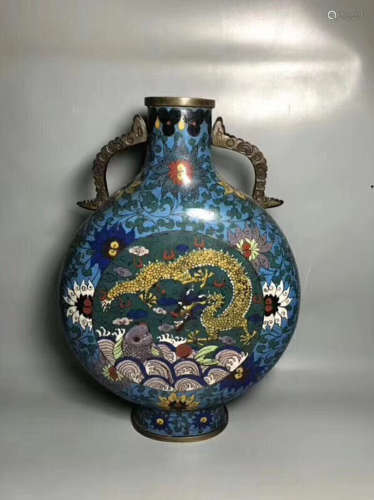 17TH-19TH CENTURY, A SEAWATER&DRAGON&FISH PATTERN CLOISONNE MOON SHAPE BOTTLE, QING DYNASTY