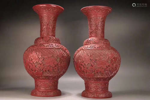 17TH-19TH CENTURY, A PAIR OF FLORAL PATTERN RED COLOUR LACQUERWARE VASES, QING DYNASTY