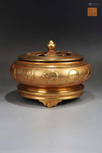 14-16TH CENTURY, A GILT BRONZE CHINESE ZODIAC PATTERN CENSER, MING DYNASTY