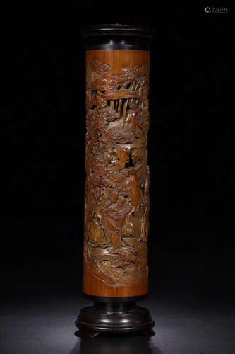 17-19TH CENTURY, A STORY DESIGN BAMBOO CARVING INCENSE POT, QING DYNASTY