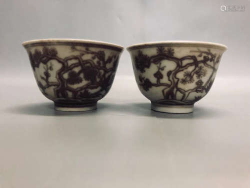 14-16TH CENTURY, A PAIR OF FLORAL PATTERN UNDERGLAZE RED CUPS, MING DYNASTY