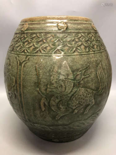 13 CENTURY, AN ANIMAL PATTERN LONGQUAN DRUM STOOL, YUAN DYNASTY