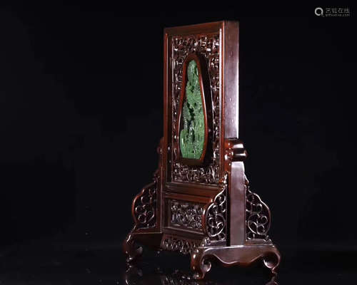 AN OLD TIBETAN STORY DESIGN OLD HETIAN BI JADE SEREEN WITH RED WOOD FRAME