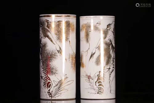 20TH CENTURY, A PAIR OF CRANE PATTERN CAP HOLDERS, THE REPUBLIC OF CHINA
