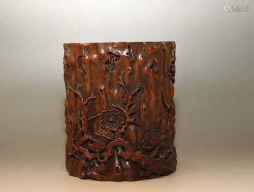 17-19TH CENTURY, A PLUM BLOSSOM DESIGN BAMBOO CARVING BRUSH POT, QING DYNASTY