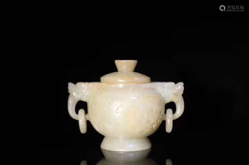 17TH-19TH CENTURY, AN OLD TIBETAN DOUBLE-EAR HETIAN JADE CENSER, QING DYNASTY