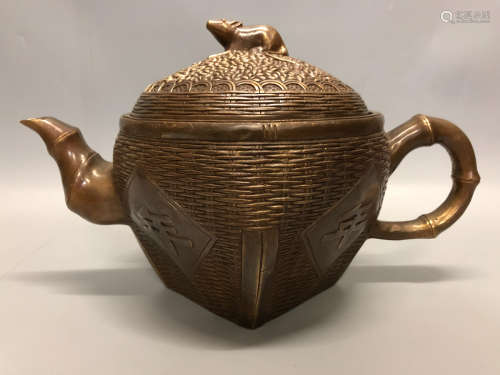 17TH-19TH CENTURY, A BAMBOO BASKET DESIGN BRONZE TEAPOT, QING DYNASTY