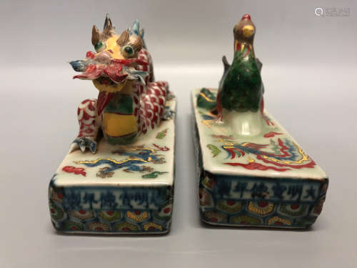 14-16TH CENTURY, A PAIR OF DRAGON&PHENIX DESIGN FIVE COLOR SEAT TOWN, MING DYNASTY