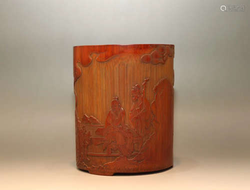 17-19TH CENTURY, A FIGURE PATTERN BAMBOO CARVING BRUSH POT, QING DYNASTY