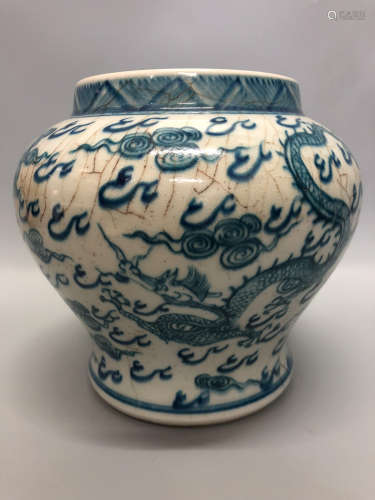 14-16TH CENTURY, A DRAGON&PHENIX PATTERN BLUE&WHITE POT, MING DYNASTY