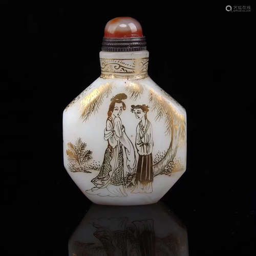 A COLOURED GLAZE FIGURE PATTERN SNUFF BOTTLE