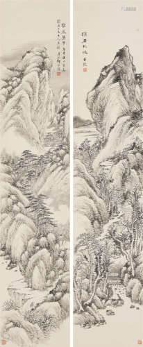 1908年作 何维朴（1842-1922） 山水二帧 纸本水墨 立轴