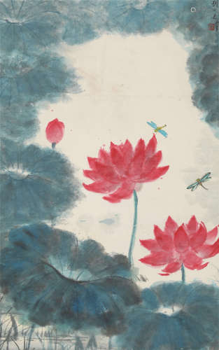 1984年作 刘开渠(1904-1993) 红荷 纸本设色 立轴