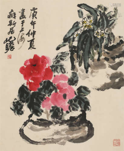 1990年作 朱屺瞻(1892-1996) 富贵天仙 纸本设色 立轴