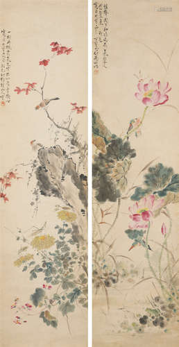 丁宝书（1865-1937） 花鸟二帧 纸本设色 立轴