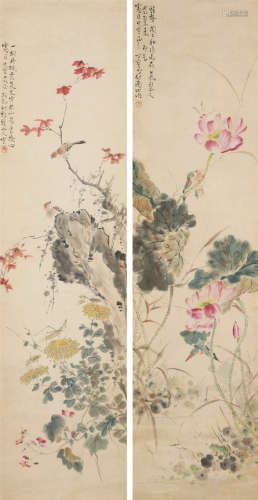 丁宝书（1865-1937） 花鸟二帧 纸本设色 立轴
