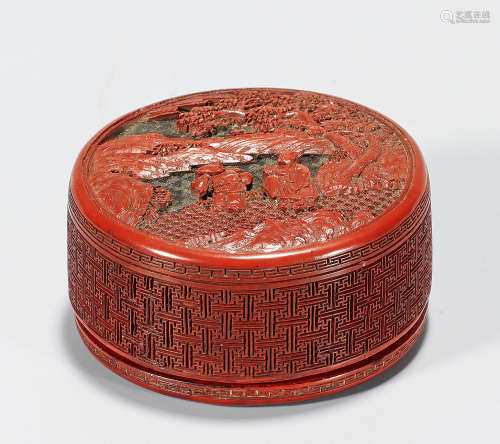 清早期 雕漆山水人物纹圆盒