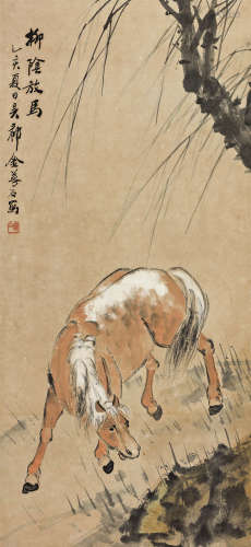 金梦石（1869～1952） 1935年作 柳阴放马 立轴 设色纸本