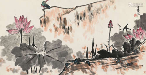 李苦禅（1899～1983） 荷塘翠鸟 镜心 设色纸本