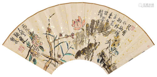 朱新建（1953～2014） 1992年作 四季花卉 扇面 设色纸本