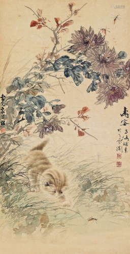 王雪涛（1903～1982）  曹克家（1906～1979） 寿客 立轴 设色纸本