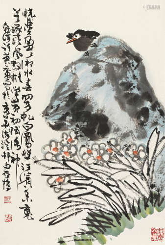许麟庐（1916～2011） 水仙八哥 立轴 设色纸本