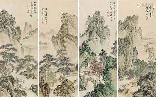 溥儒（1896～1963） 山水 四屏立轴 设色纸本