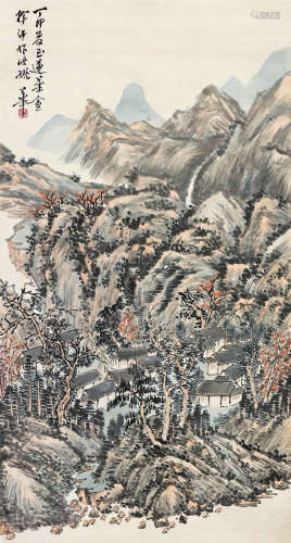 姚华（1876～1930） 1927年作 山岩村野 立轴 设色纸本