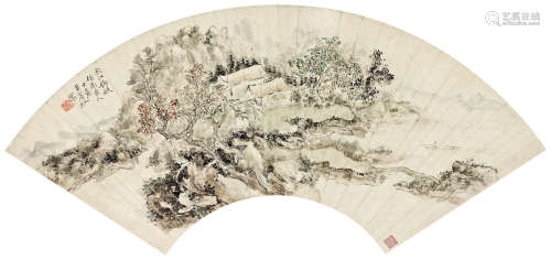 黄宾虹（1865～1955） 秋江钓艇 扇面 设色纸本