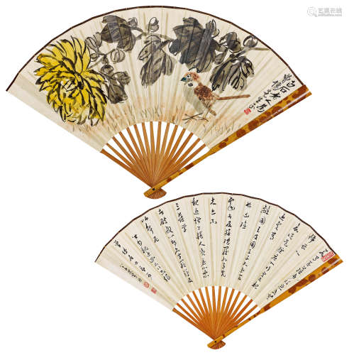 齐白石（1864～1957）  章梫（1861～1949 ） 秋菊麻雀 成扇 设色纸本