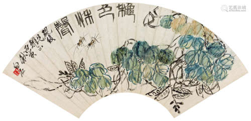 齐白石（1864～1957） 1926年作 豆荚蟋蟀 扇面 设色纸本