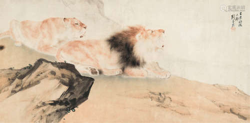 刘奎龄（1885～1967） 1935年作 双狮图 镜心 设色纸本