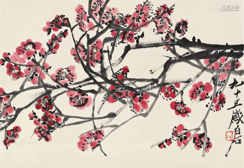齐白石（1864～1957） 1957年作 红梅图 立轴 设色纸本