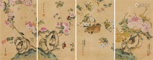 居廉（1828～1904） 花卉草虫四屏 立轴 设色纸本