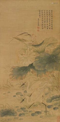 蒋廷锡（1669～1732） 荷花双鹭 立轴 设色绢本