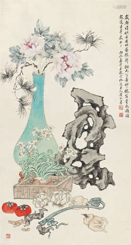 黄山寿（1855～1919） 1916年作 岁朝清供 立轴 设色纸本