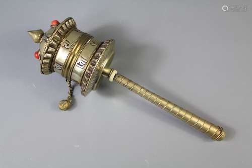 A 20th Century White-Metal Tibetan Prayer Wheel