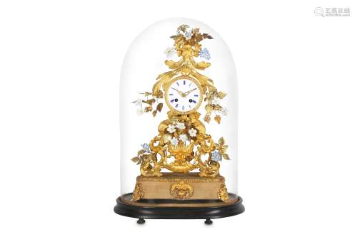 A MID 19TH CENTURY FRENCH GILT METAL AND PORCELAIN MOUNTED MANTEL CLOCK WITH GLASS DOME in the Louis