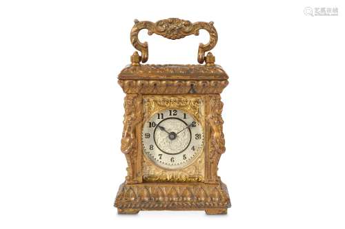 AN EARLY 20TH CENTURY GILT BRASS MINIATURE CARRIAGE CLOCK  in the Renaissance Revival style, the