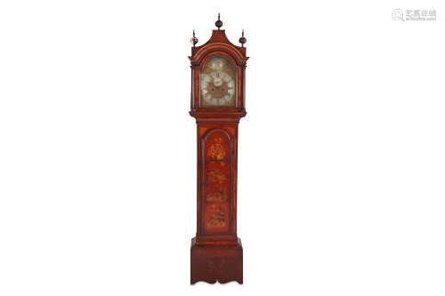 A GEORGE III JAPANNED RED AND GILT LACQUER LONGCASE CLOCK the break-arch hood surmounted by three