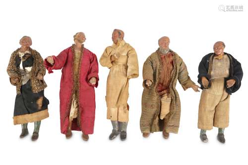 A SET OF FIVE 18TH CENTURY NEAPOLITAN PAINTED TERRACOTTA CRIB FIGURES four male figures and an old