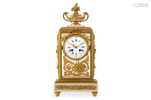 A LATE 19TH CENTURY FRENCH GILT BRONZE AND WHITE MARBLE FOUR GLASS MANTEL CLOCK in the Louis XVI