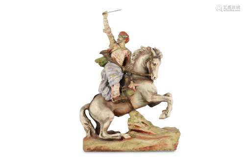 AN IMPERIAL AMPHORA (AUSTRIA) GLAZED CERAMIC MODEL OF AN OTTOMAN HUNTER ON HORSEBACK carrying a