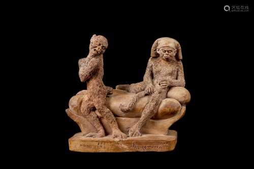 A 19TH CENTURY FRENCH TERRACOTTA GROUP OF TWO CHAMPANZEES 'PIGNOUF' the comical scene depicting a